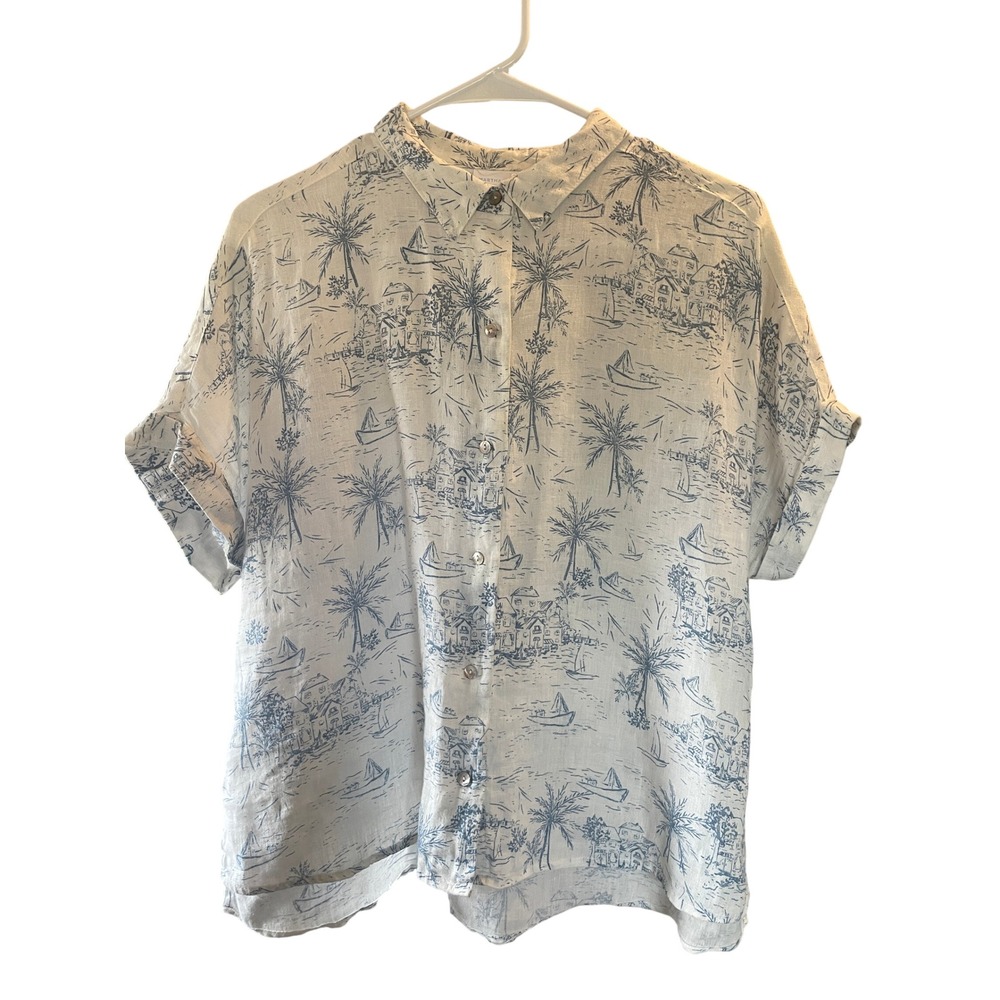 Womens Coastal‎ Grandma Linen Toile Button Up Shirt Size M Fisherman Resortwear